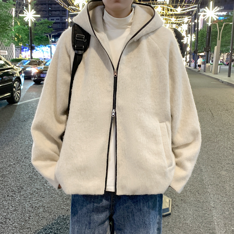 12527963.淘贝鼠秋冬新款男款连帽仿羊绒插肩袖休闲拉链双开外套【淘贝鼠男装QD】