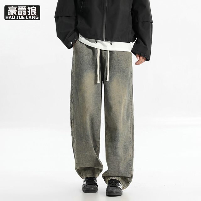 12536667.复古直筒牛仔裤男春秋新款宽松休闲阔腿长裤美式潮牌男生高街裤子