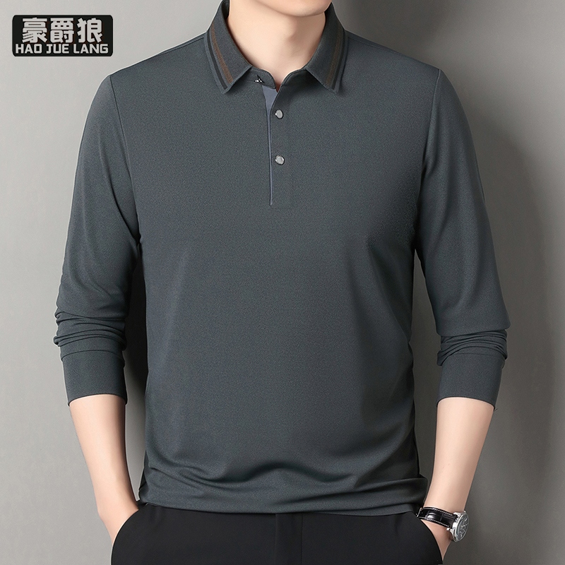 12536684.春秋季无痕羊毛长袖T恤男纯色翻领宽松中年休闲POLO衫爸爸装