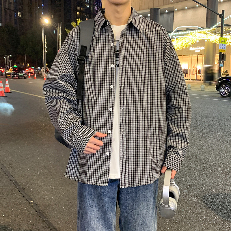 12536859.七玻威春秋新款男款文艺宽松小格纹港风百搭衬衫【七玻威男装QD】