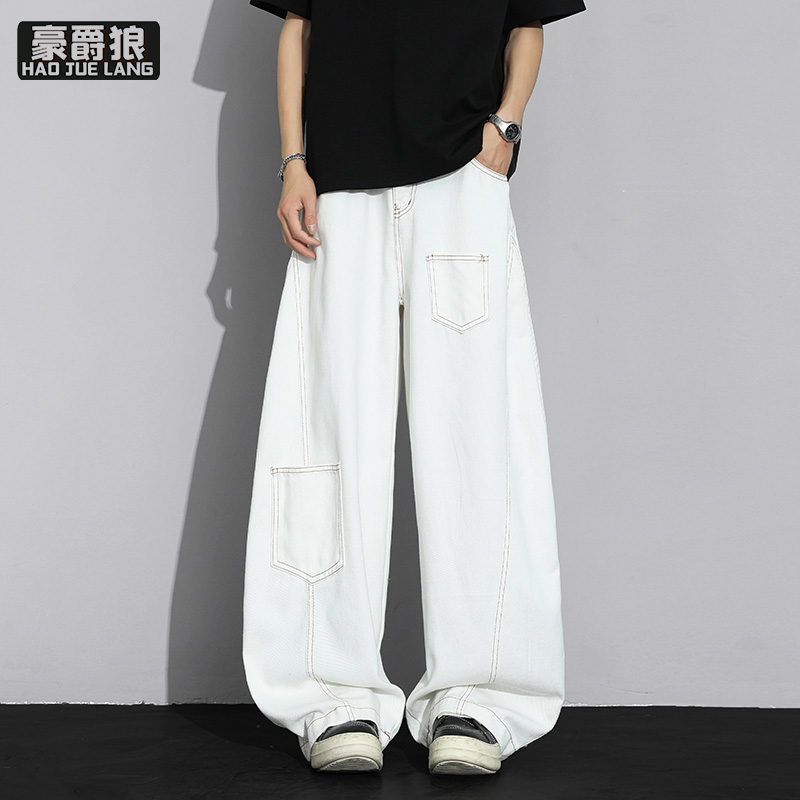 12536698.白色弯刀美式牛仔裤男解构水洗口袋设计感高街宽松显瘦阔腿拖地裤