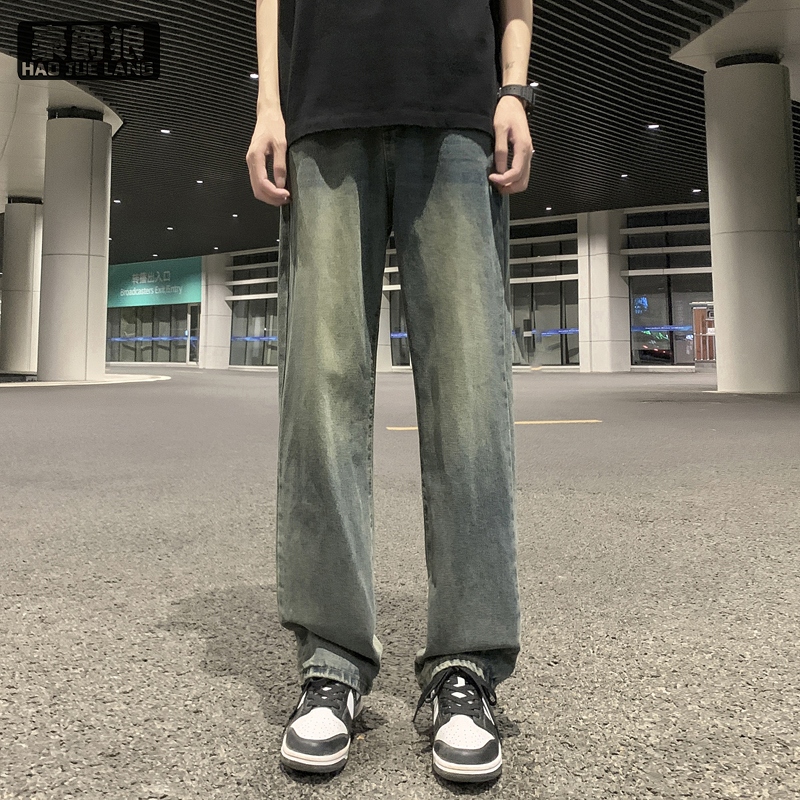 12536758.青少年阔腿牛仔裤男宽松直筒春秋季新款潮流美式高街复古男生长裤子