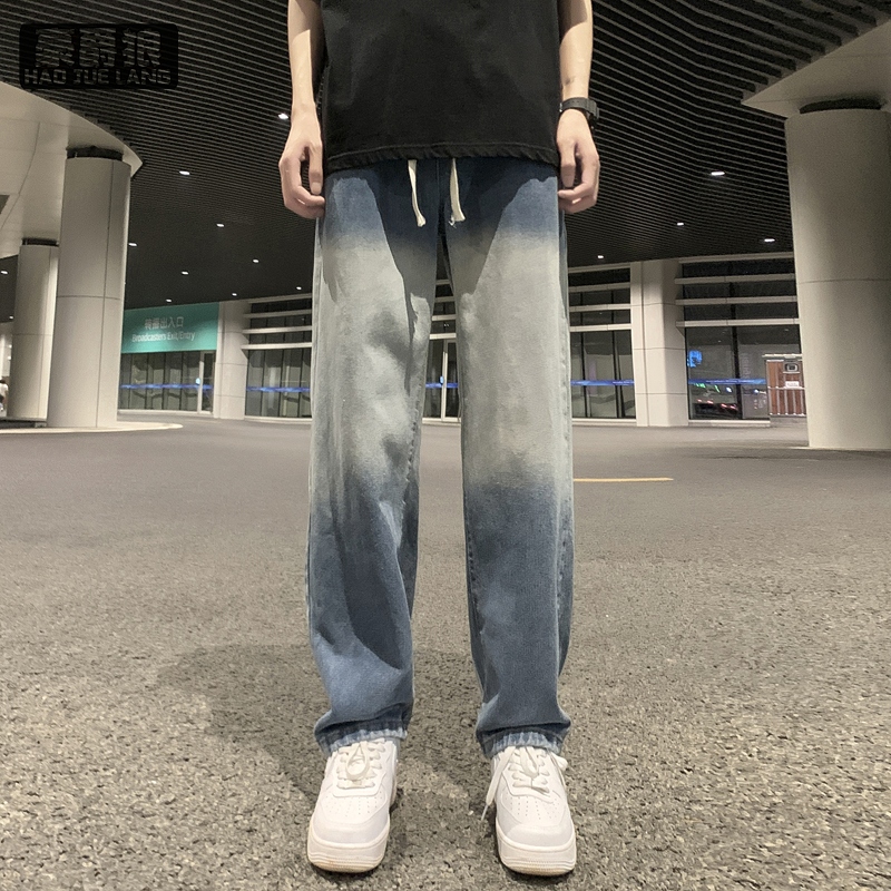 12536692.松紧腰渐变牛仔裤男款美式宽松直筒春季新款阔腿男生潮牌裤子