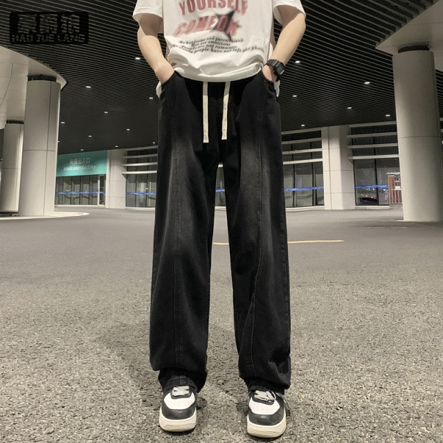 12536691.松紧腰渐变牛仔裤男宽松直筒舒适春秋季新款抽绳学生阔腿裤子