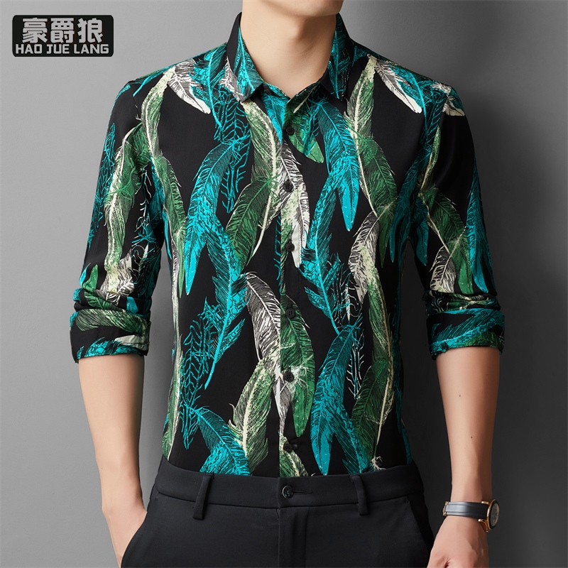 12536671.春季新款休闲时尚翻领长袖花衬衫帅气男士印花薄款衬衣上衣