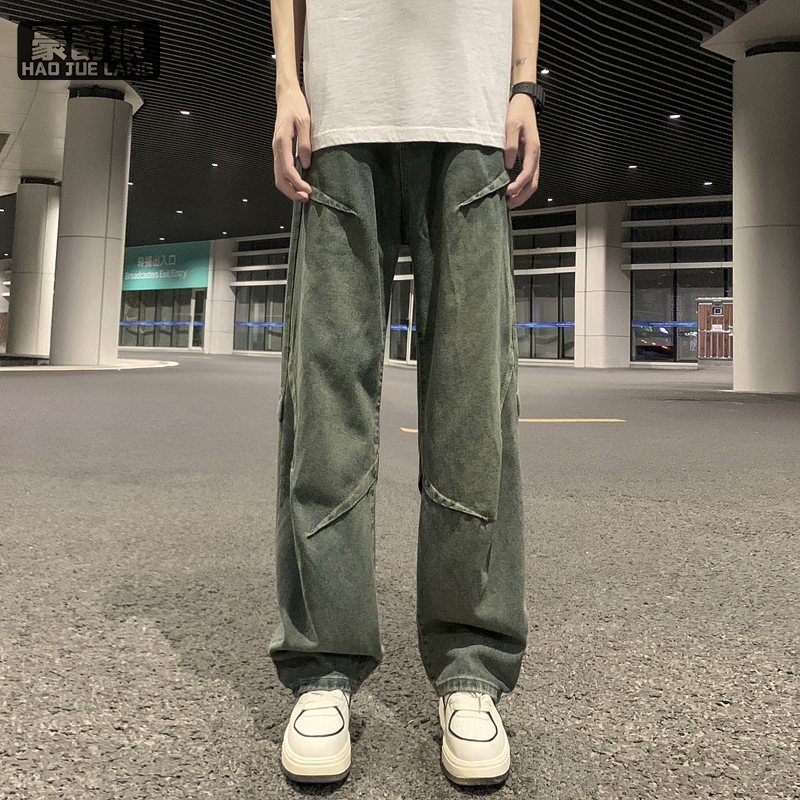 12536697.美式潮流牛仔裤男生复古水洗做旧宽松直筒裤春秋港风拖地阔腿裤子