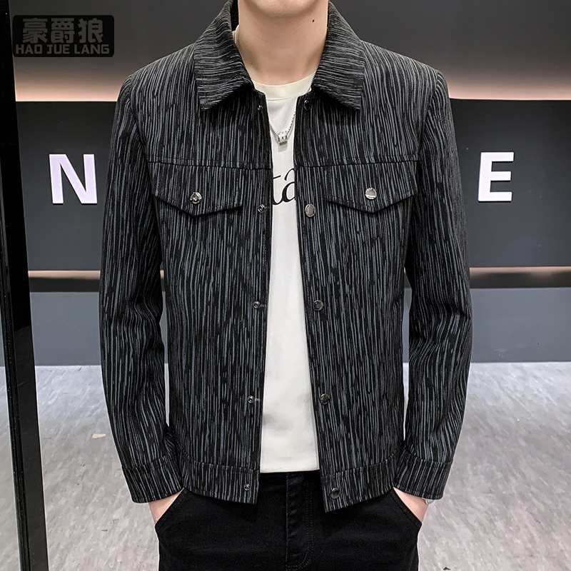 12536687.秋季新款男士夹克修身翻领潮流条纹外套男上衣简约休闲外套