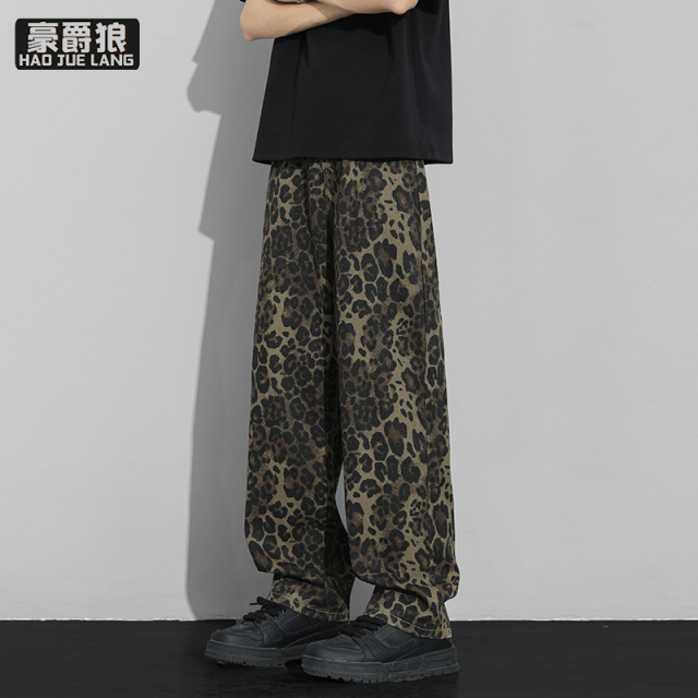 12536677.潮牌美式豹纹做旧直筒牛仔裤男宽松小众潮流阔腿拖地长裤
