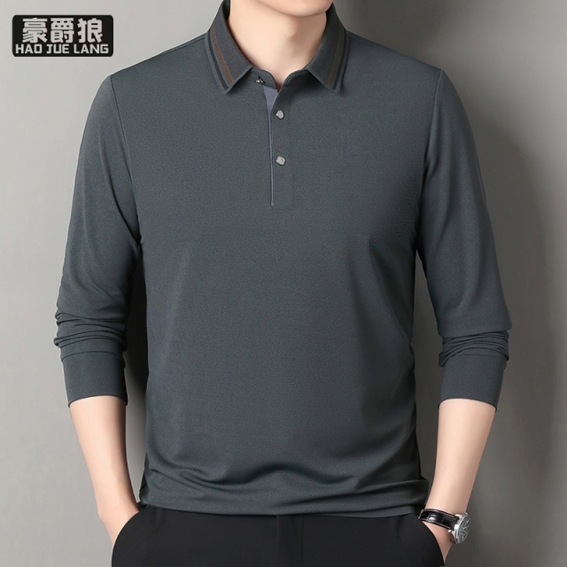 12536684.春秋季无痕羊毛长袖T恤男纯色翻领宽松中年休闲POLO衫爸爸装