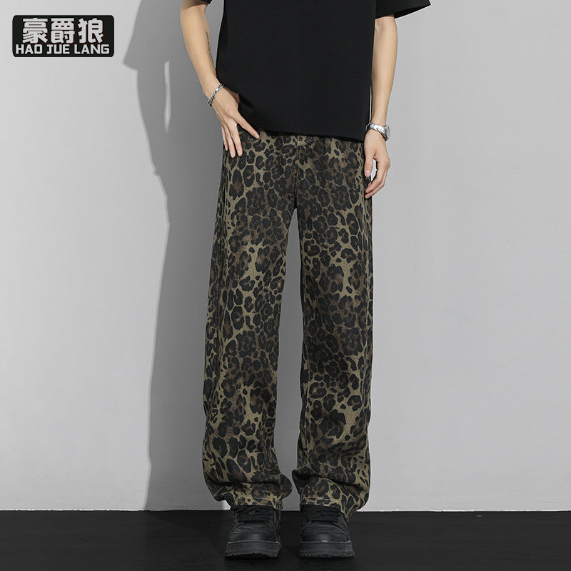 12536677.潮牌美式豹纹做旧直筒牛仔裤男宽松小众潮流阔腿拖地长裤