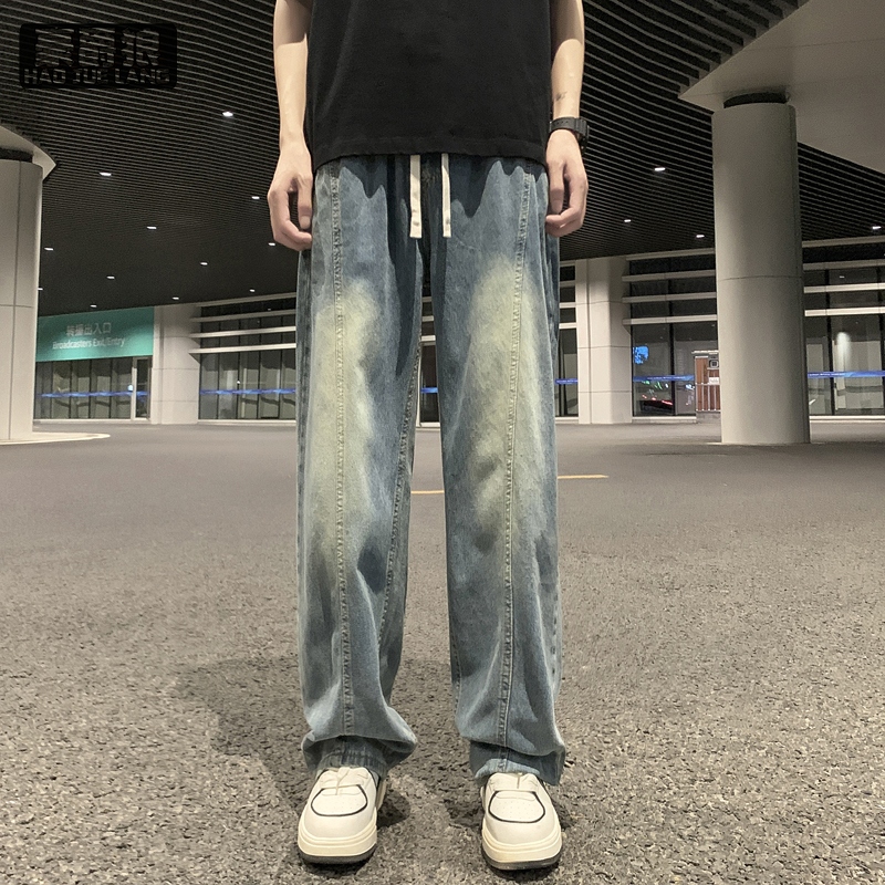 12536691.松紧腰渐变牛仔裤男宽松直筒舒适春秋季新款抽绳学生阔腿裤子
