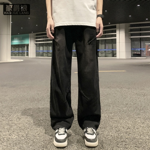 12536697.美式潮流牛仔裤男生复古水洗做旧宽松直筒裤春秋港风拖地阔腿裤子