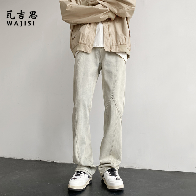 12540731.秋季新款休闲牛仔裤男长裤宽松直筒潮流美式高街水洗做旧复古裤子