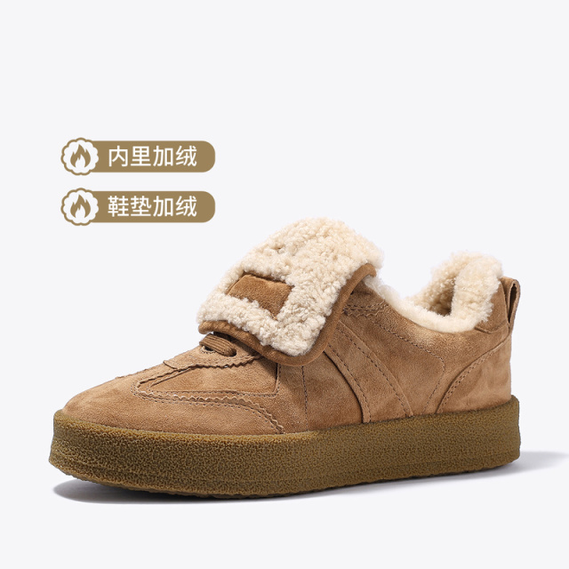 12544432.BellaLily2025冬季新款复古毛毛休闲鞋女厚底牛皮德训鞋保暖潮鞋