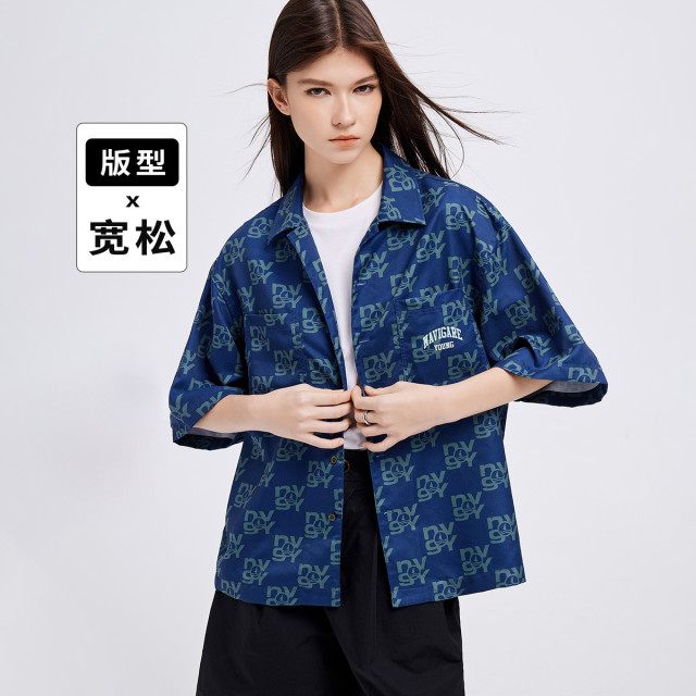 12547814.小帆船YOUNG系列 潮流满印宽松落肩衬衣情侣短袖衬衫外套