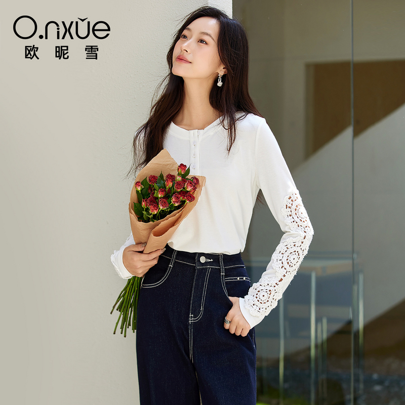 12552528.欧昵雪【时尚温柔百搭长袖上衣】绣花蕾丝花边拼接T恤女