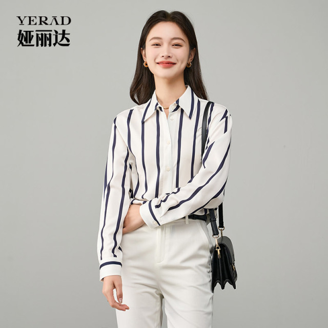 12552746.【娅丽达】设计感小众简约条纹衬衫女职业气质衬衣通勤OL干练上衣