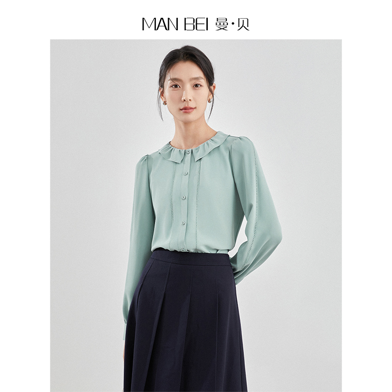 12556098.曼贝新款宽松轻盈舒展的蓝绿色长袖女式衬衫