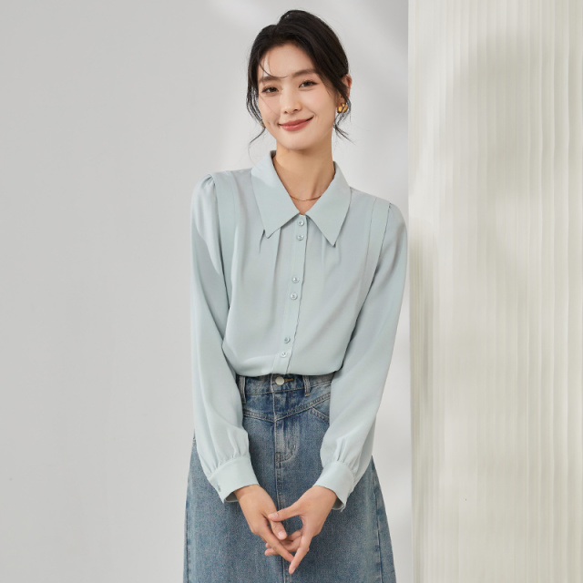 12556093.曼贝宽松韩系显瘦简约淡绿色气质长袖女式衬衫