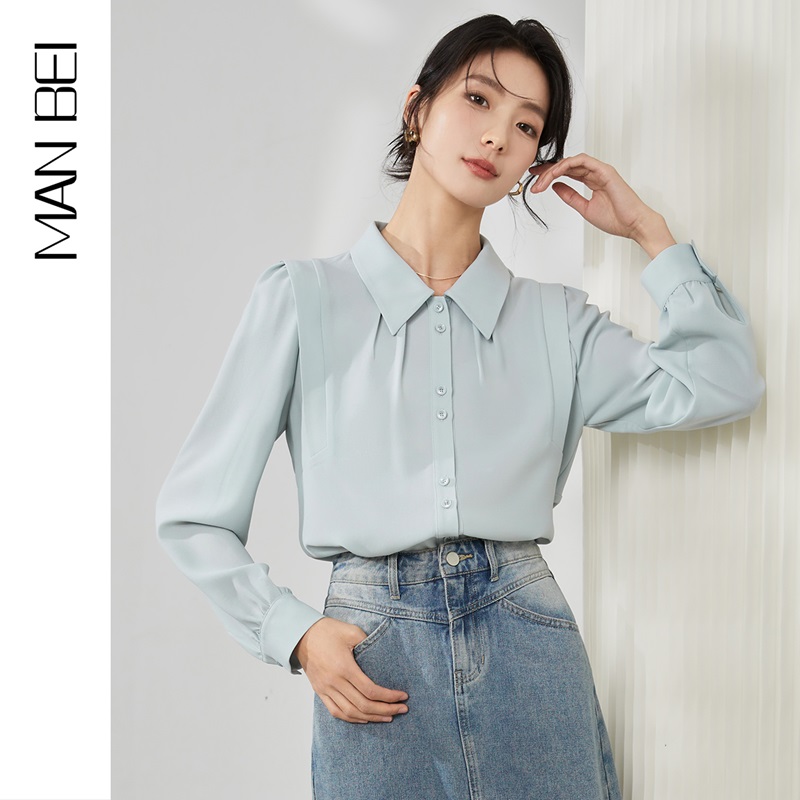 12556093.曼贝宽松韩系显瘦简约淡绿色气质长袖女式衬衫
