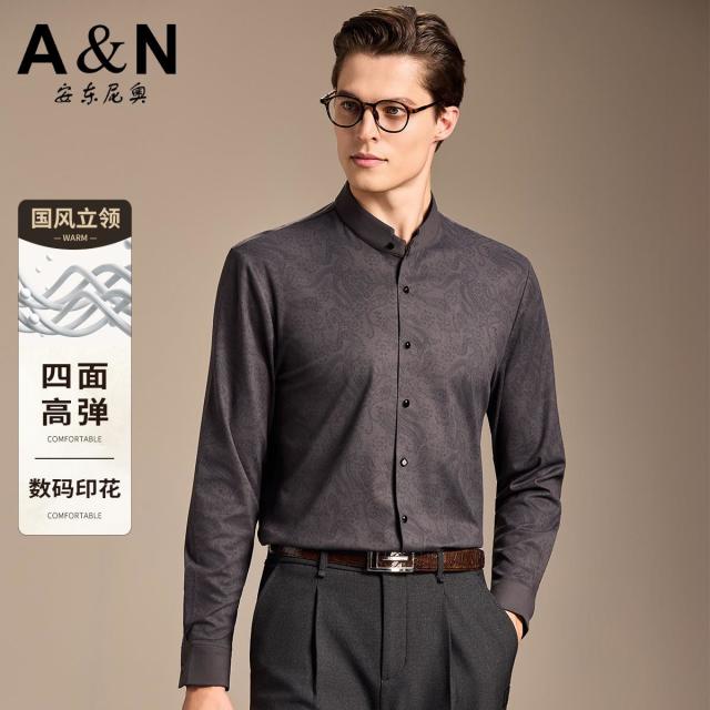 12558149.【国风立领】四面高弹易打理男衬衫男长袖秋季商务休闲衬衣开衫