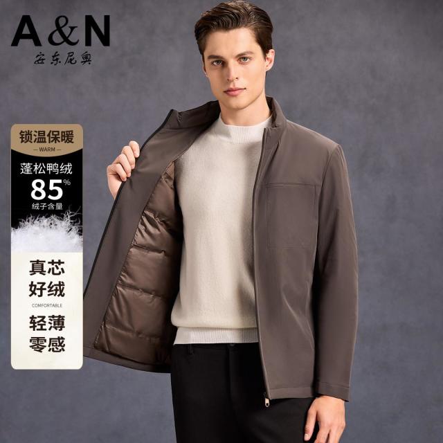 12557921.【85%鸭绒】秋冬商务立领羽绒服男短款中年保暖暗门襟夹克外套