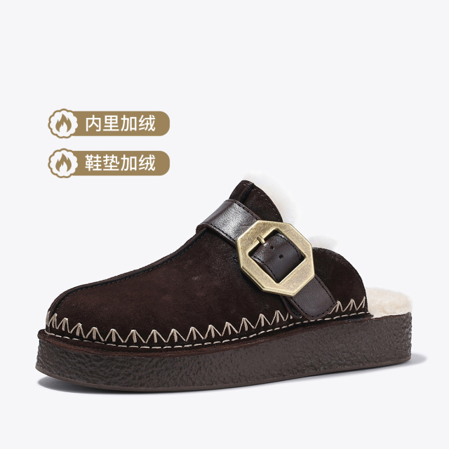 12563235.BellaLily2025冬季新款复古羊毛手工鞋勃肯鞋女一脚蹬包头半拖鞋