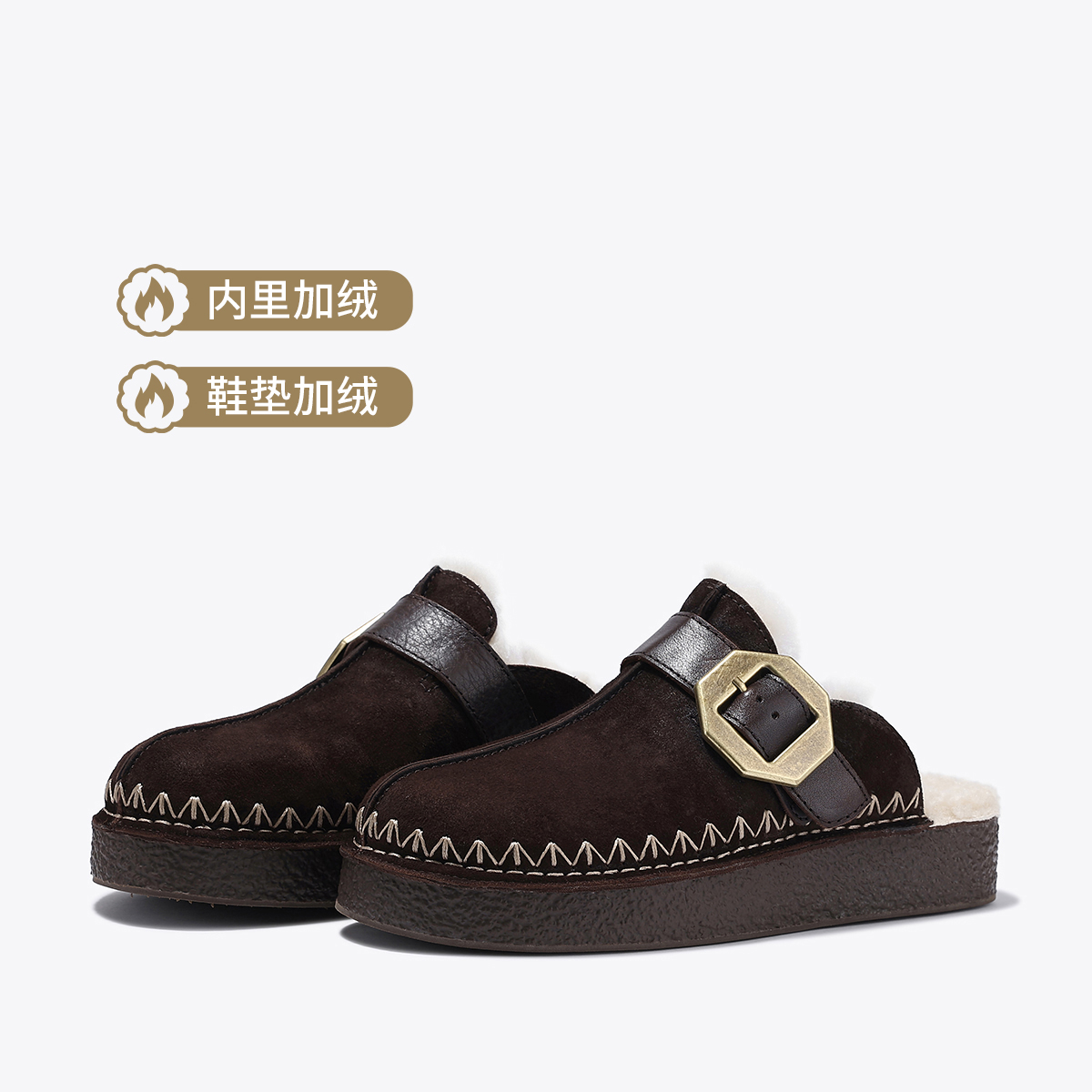 12563235.BellaLily2025冬季新款复古羊毛手工鞋勃肯鞋女一脚蹬包头半拖鞋