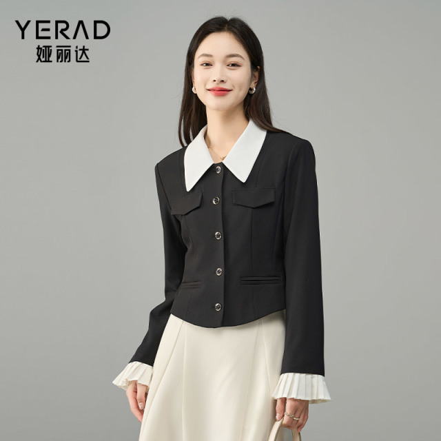 12562723.【娅丽达】时尚翻领小香风撞色修身上衣女款可露丽穿搭短款外套
