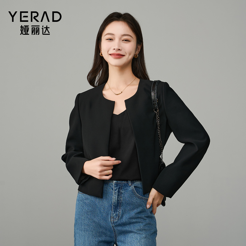 12562726.【娅丽达】高级感小香风外套女短款气质西服简约无扣开衫