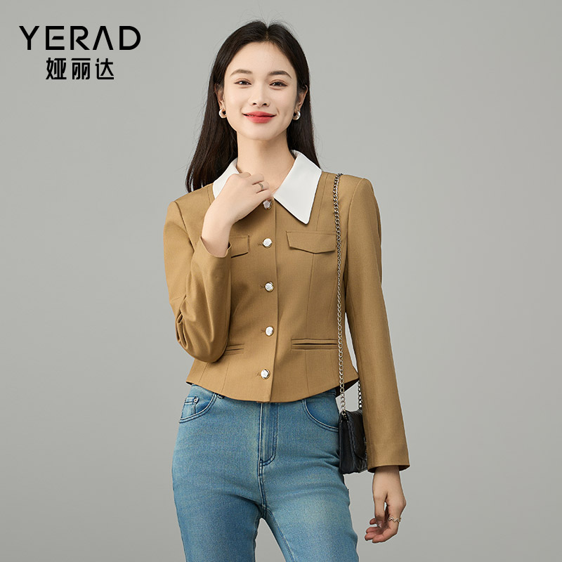 12562723.【娅丽达】时尚翻领小香风撞色修身上衣女款可露丽穿搭短款外套