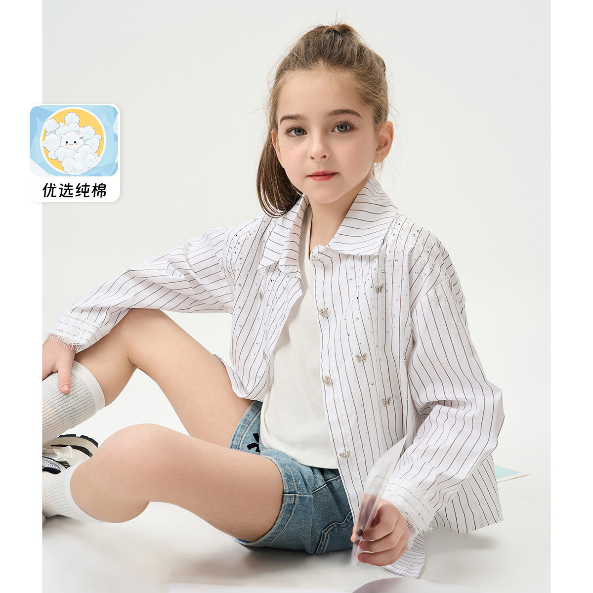 12566327.【重工烫钻闪闪衬衣】女童2025春装新款拼接蕾丝蝴蝶长袖衬衣