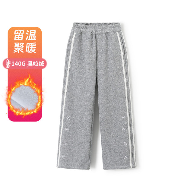 12565970.【侧边撞色拼接织带休闲裤】女童春秋开学蝴蝶结绣花牛奶绒直筒裤