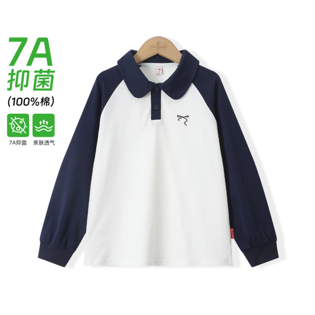 12566006.【7A抗菌】女童POLO领纯棉长袖T恤春秋新款插肩袖运动上衣