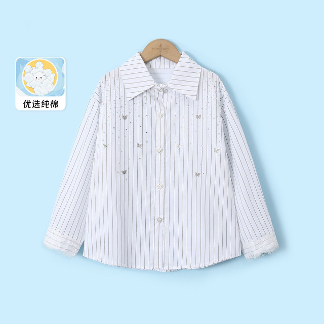 12566327.【重工烫钻闪闪衬衣】女童2025春装新款拼接蕾丝蝴蝶长袖衬衣
