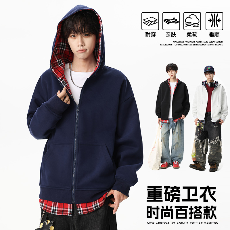 12567379.淘贝鼠春秋新款男款开衫假两件拼格纹潮流百搭卫衣【淘贝鼠男装QD】