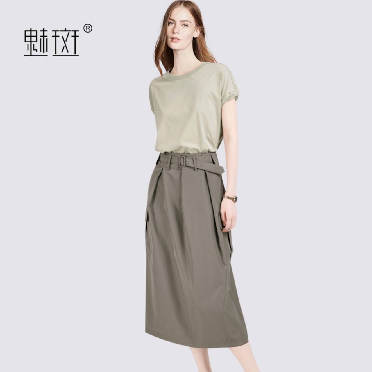 12568123.魅斑假两件拼色工装连衣裙A字裙