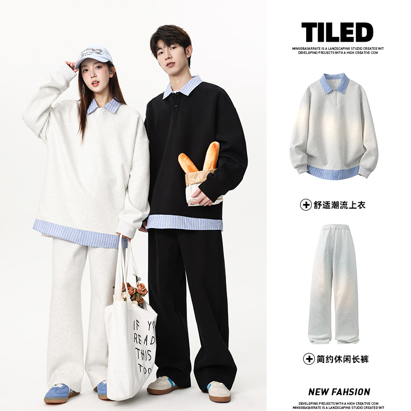 12567431.淘贝鼠春秋新款男款潮牌港风宽松情侣款休闲套装【淘贝鼠男装QD】