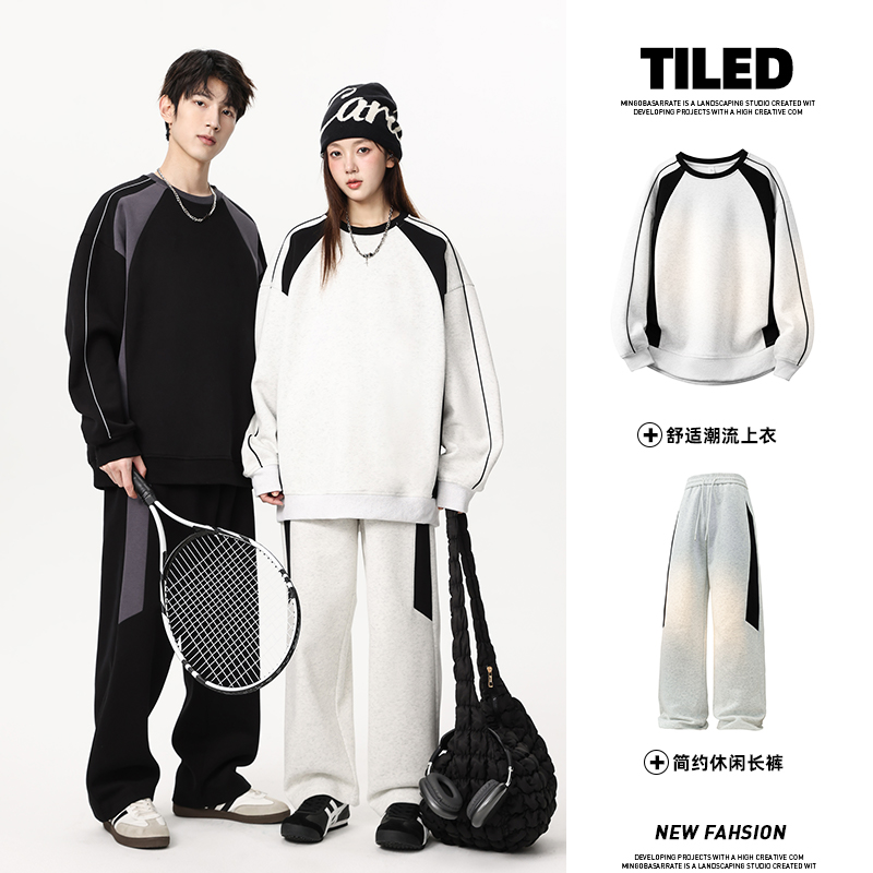 12567427.淘贝鼠春秋新款男款潮牌拼接运动风宽松情侣款休闲套装【淘贝鼠男装QD】