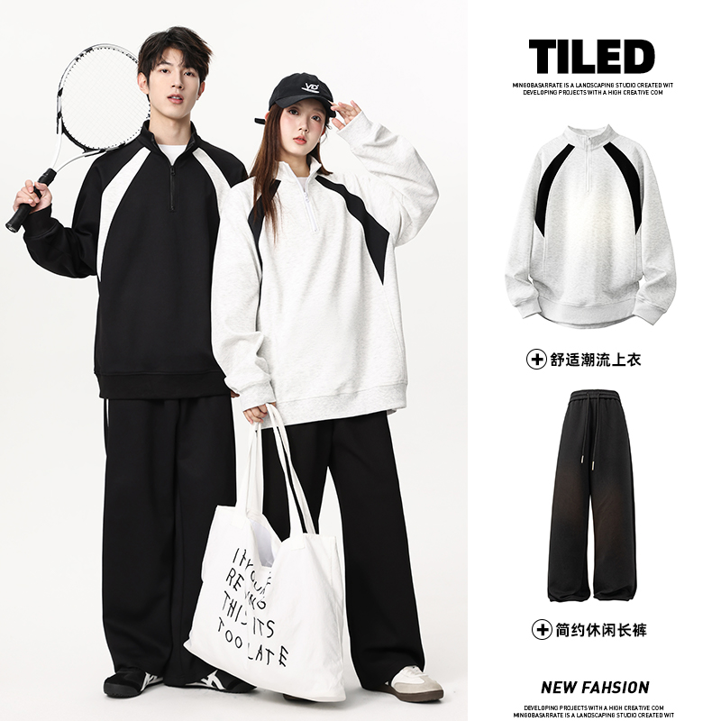 12567434.淘贝鼠春秋新款男款潮牌运动风宽松情侣款休闲套装【淘贝鼠男装QD】