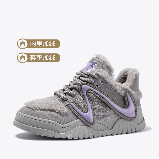 12573483.BellaLily2025冬季新款时尚厚底牛皮休闲鞋女加绒板鞋丑萌毛毛鞋