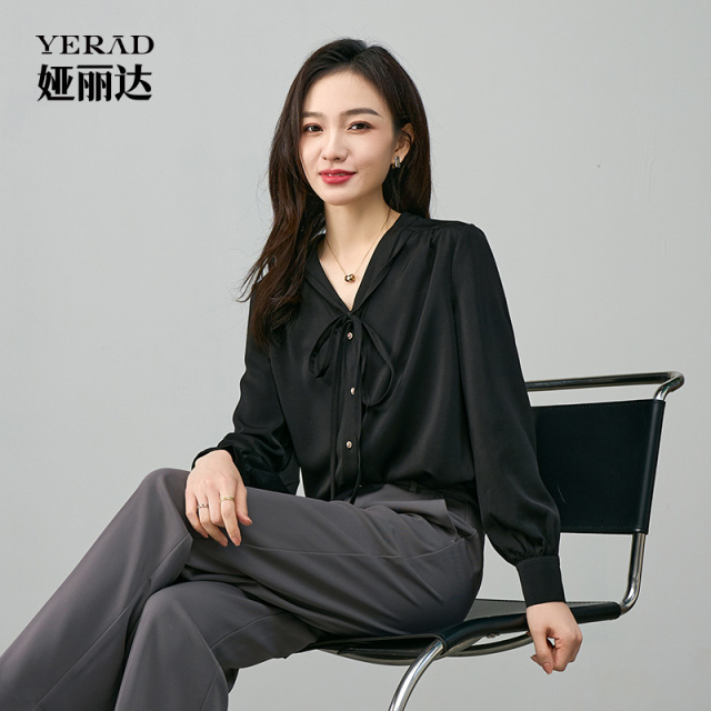 12572529.【娅丽达】法式优雅系带领衬衣女时尚百搭通勤长袖衬衫女上衣
