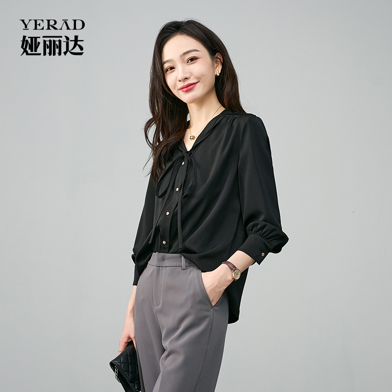 12572529.【娅丽达】法式优雅系带领衬衣女时尚百搭通勤长袖衬衫女上衣