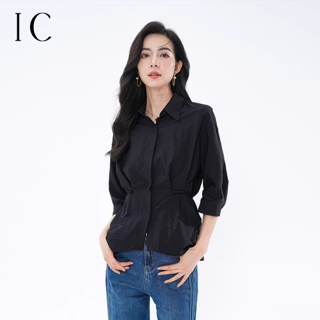 12570633.V领盘扣收腰中袖衬衫气质通勤百搭衬衣女夏季修身显瘦女式小衫