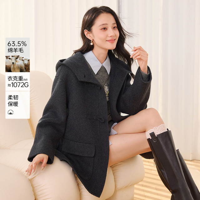 12599130.2025冬装牛角扣双面呢羊毛大衣女中长款连帽毛呢外套