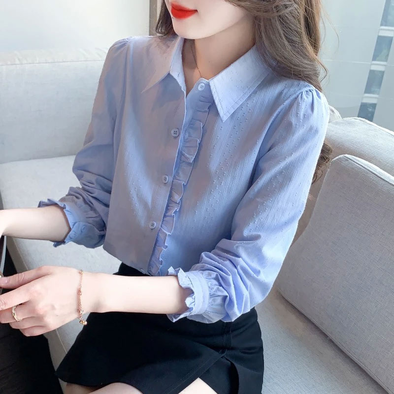 13461113.初云紫衣春秋 女时尚百搭宽松衬衫洋气polo领长袖纯色上衣2597