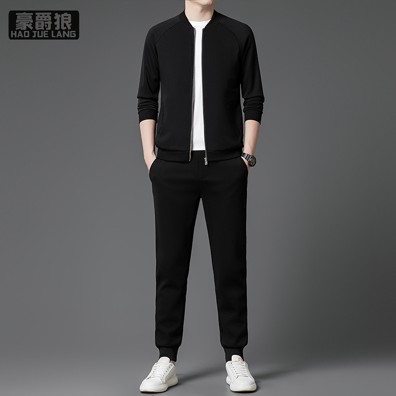 12584746.高端棒球领卫衣开衫运动套装男春秋休闲两件套棉中年跑步服男