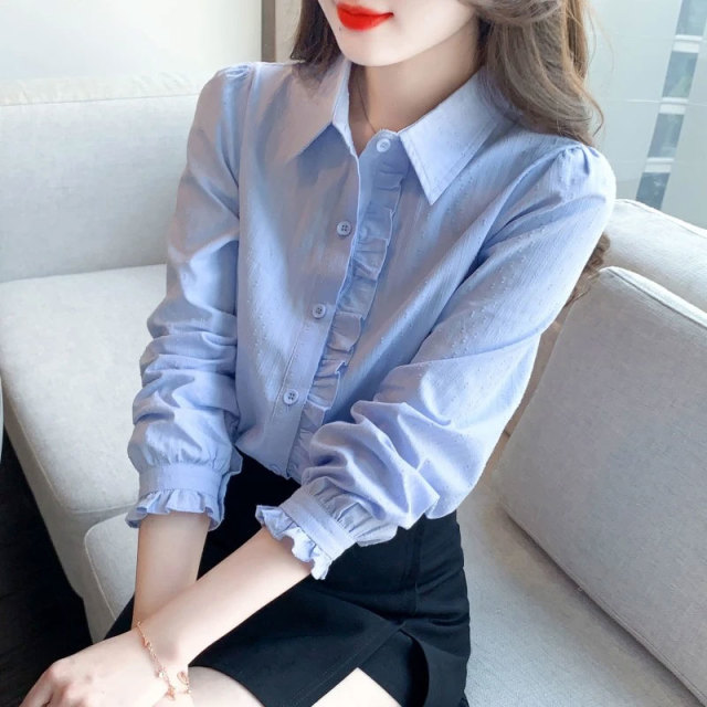13461113.初云紫衣春秋 女时尚百搭宽松衬衫洋气polo领长袖纯色上衣2597