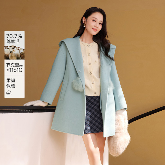 12600162.2025冬装连帽双面呢羊毛大衣女呢子气质中长毛呢外套
