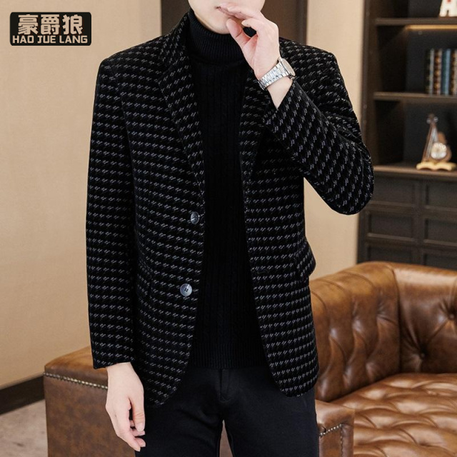 12584715.千鸟格毛呢西服外套男商务休闲高档小西服男秋季韩版修身短款西装